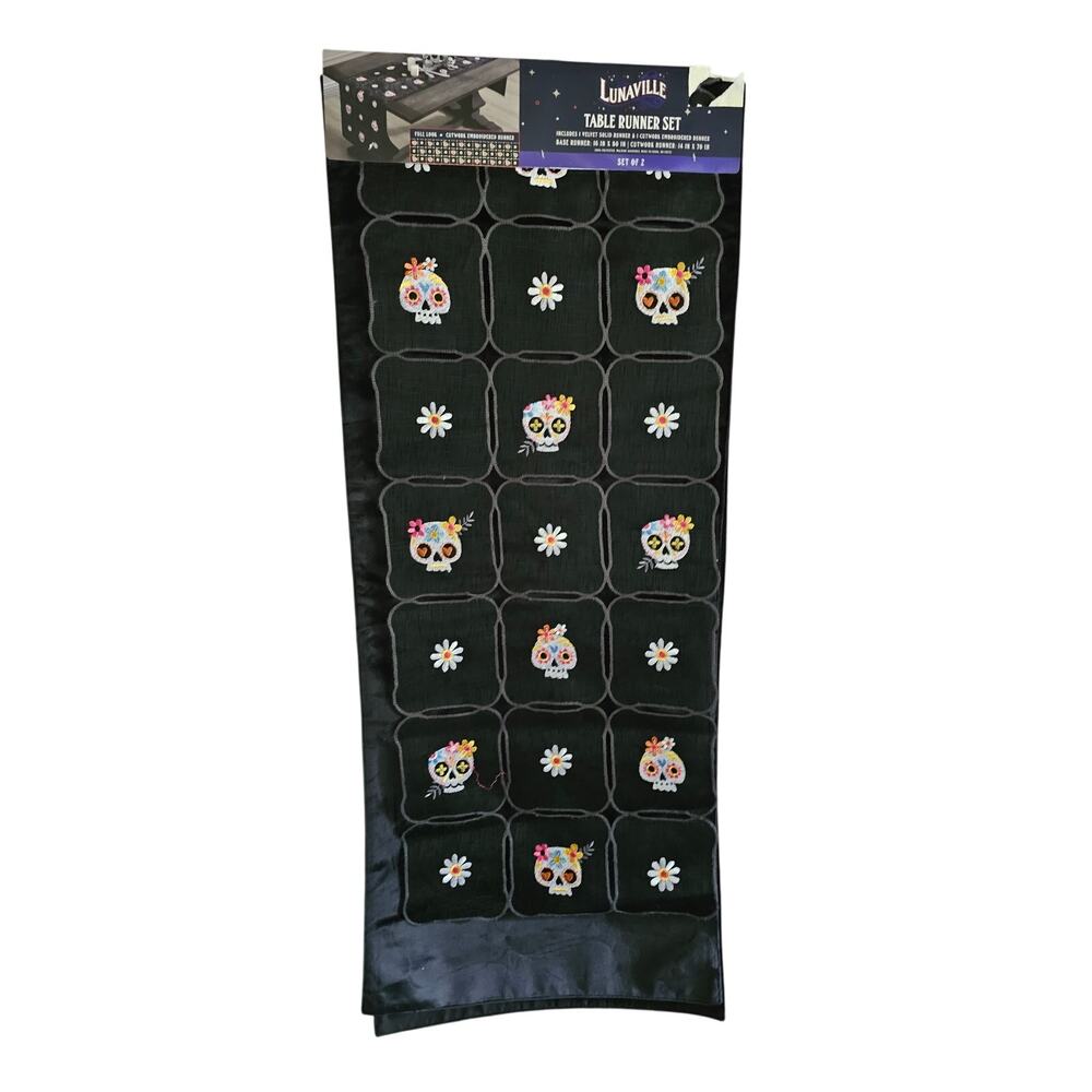 Sugar skull table runner set black velvet with sugar skull cutwork top